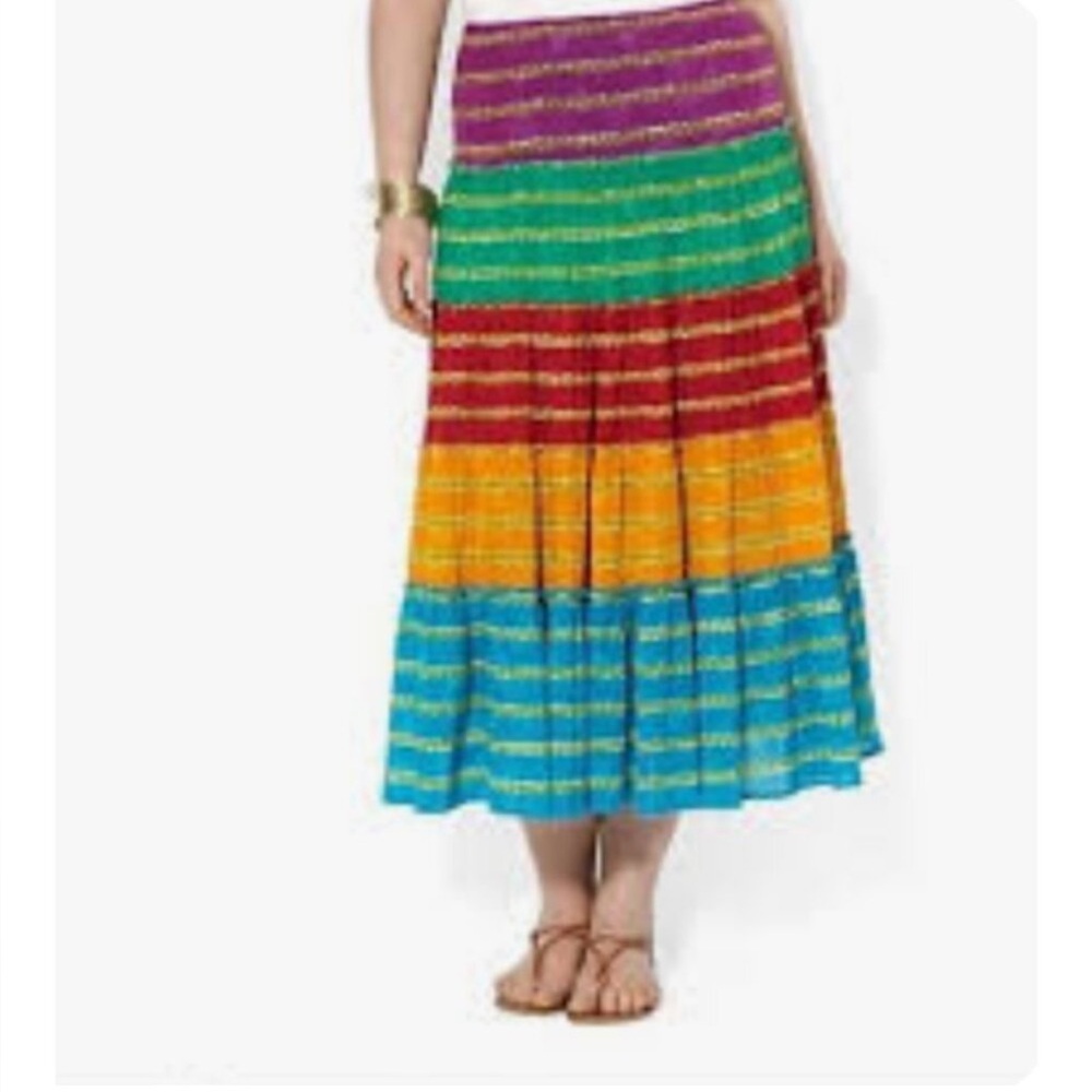 Lauren Ralph Lauren Tie Dye Tiered Cotton Gauze Multicolor Midi Skirt